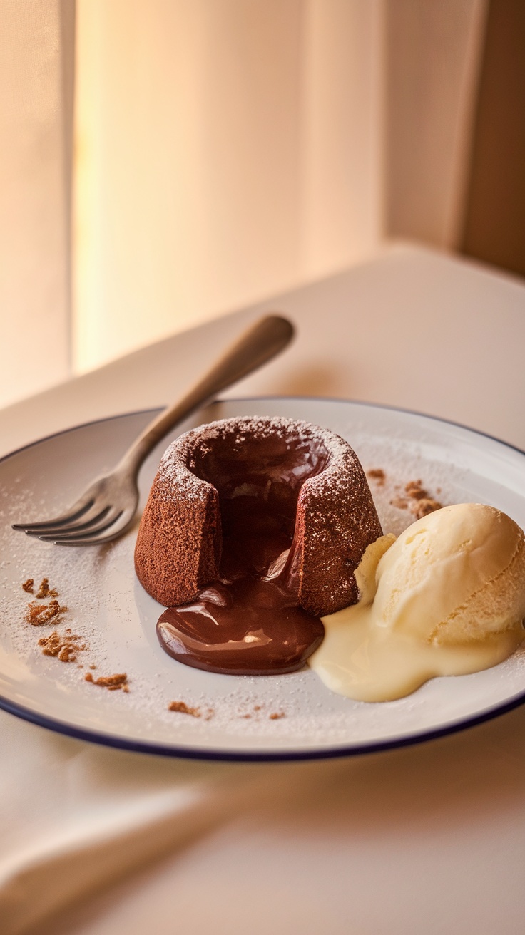 Molten lava cake with an oozing chocolate center, garnished with powdered sugar and ice cream on a white plate.